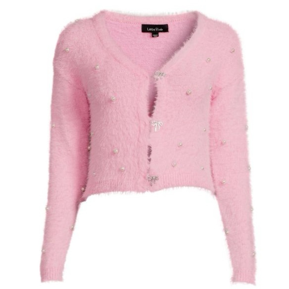 Lea & Viola fur pearls crystal bow buttons cardigan XS